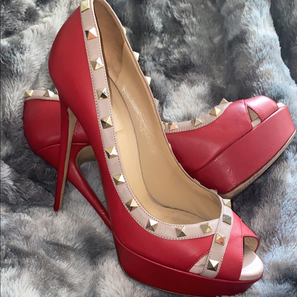 Valentino Rockstud Heels PeepToe Size 41 RED NUDE